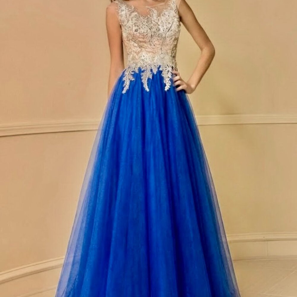 Vienna Prom Royal Blue Beaded Illusion Tulle Ballgown